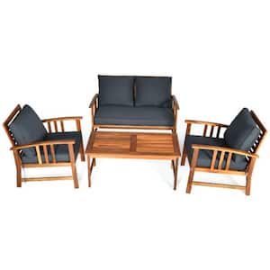 4-Piece Wood Patio Conversation Set with Gray Cushions