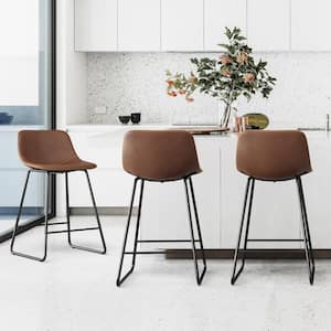 33.5 in. Dark Brown Faux Leather Bar Stools Metal Frame Counter Height Bar Stools (Set of 3)