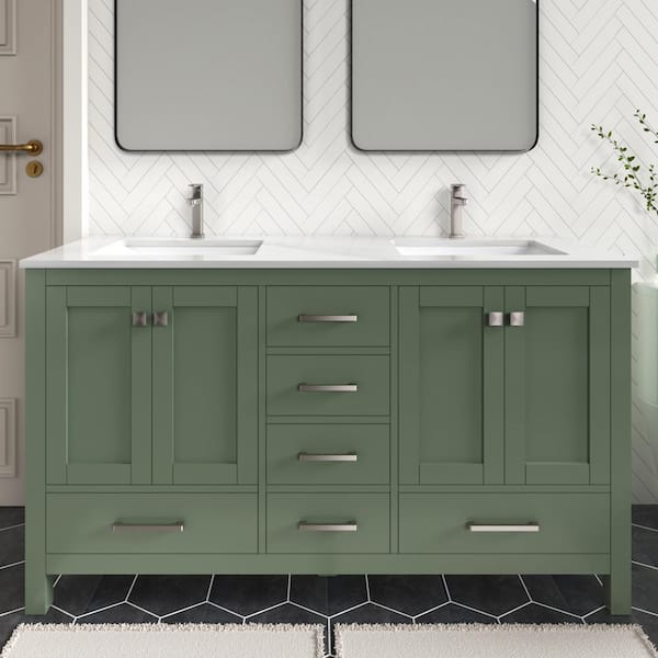 HOMEVY STUDIO Anneliese 60 in. W x 21 in. D x 35 in. H Double Sink Freestanding Bath Vanity in Forest Green with White Quartz Top