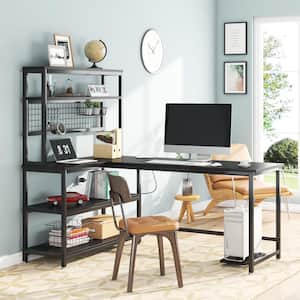 Lanita 55 in. L-Shaped Black Wood Computer Desk with Wireless Charging and 5-Tier Bookshelf for Home Office
