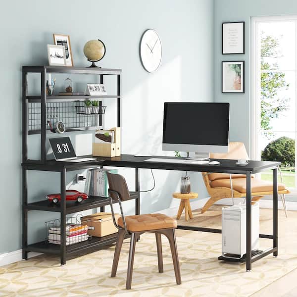BYBLIGHT Lanita 55 in. L-Shaped Black Wood Computer Desk with Wireless Charging and 5-Tier Bookshelf for Home Office