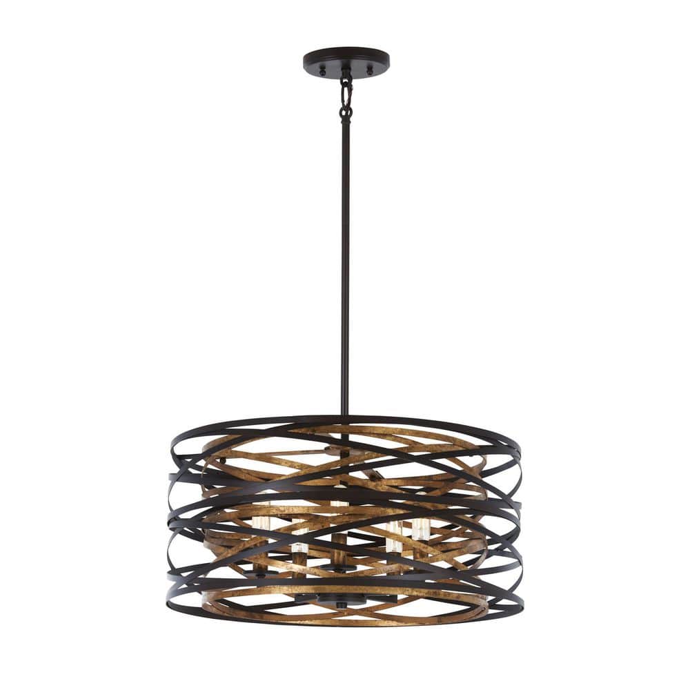 Elegant Vortic Flow Drum Pendant in Dark Bronze with Mosaic Gold Interior, 20"