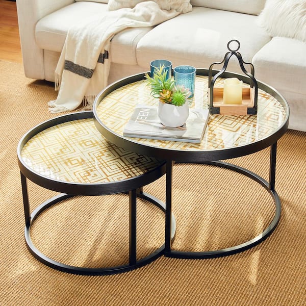 Glitzhome 29.5 in. Round Nesting Coffee Table with Plaid Pattern Tray Top 2-Pieces