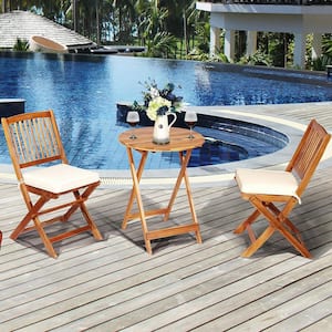 Natural 3-Piece Wood Outdoor Dining Set with White Cushions