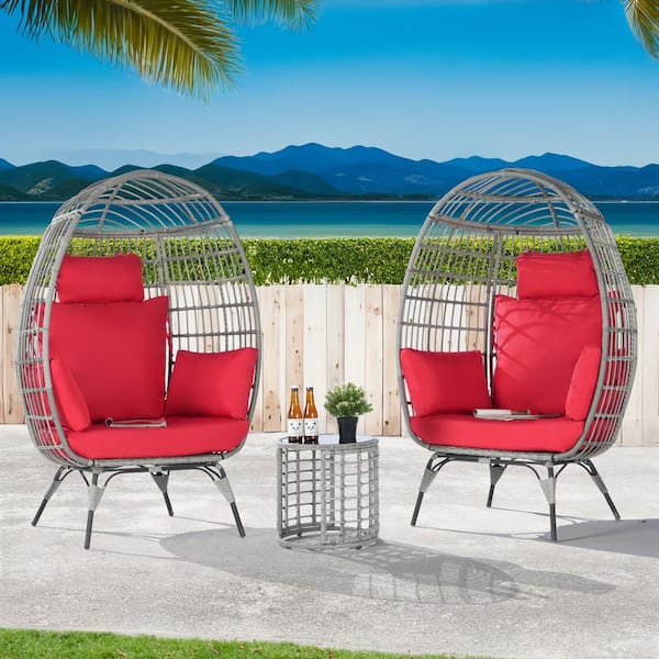 BFB 3-Piece Wicker Round Side Table Outdoor Bistro Set Wicker Egg Chair with Red Cushion