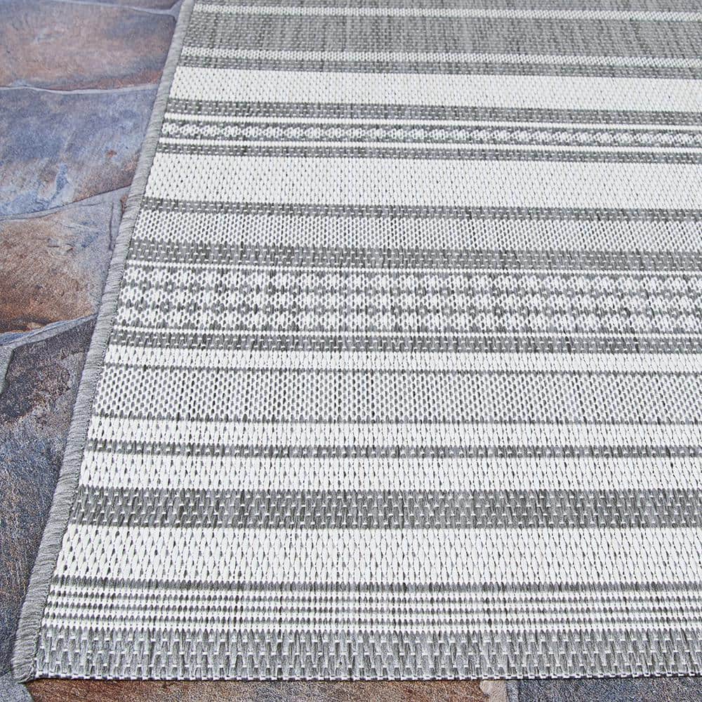 Champagne-Grey Stripe Transitional 5' x 7' Synthetic Area Rug