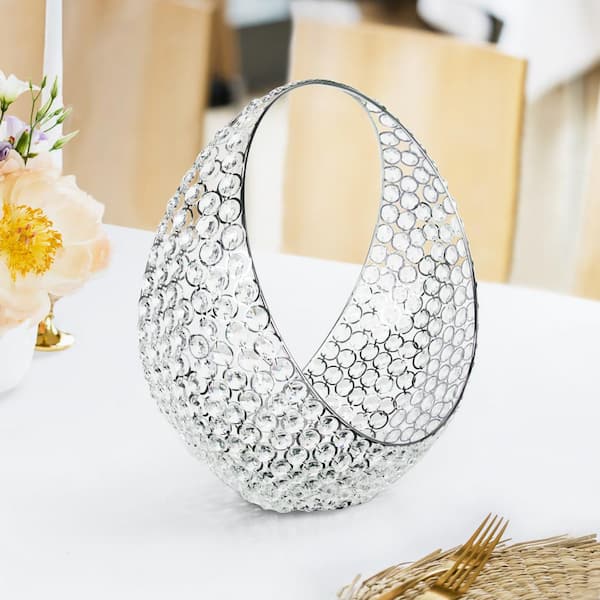 LIVING LUXURY 13 in. Silver Table Decor Decorative Basket Crystal Bead Accent Piece
