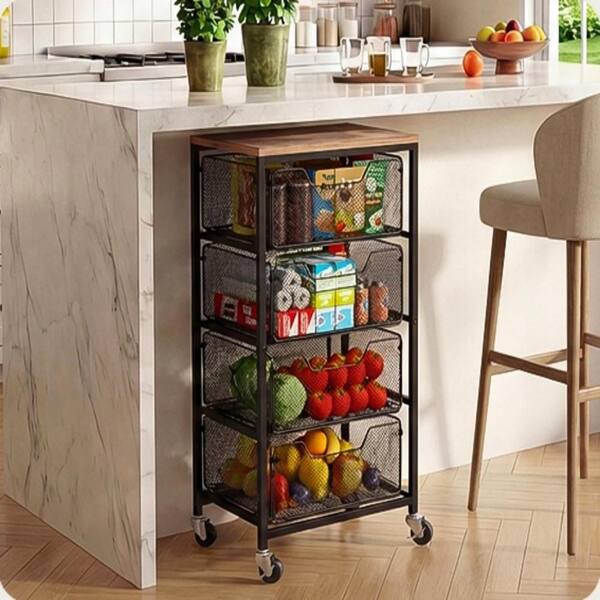 4-Tier Black Pantry Organizer with Drawers, Metal Rolling Utility Cart Organizer on Lockable Wheels with Wooden Top