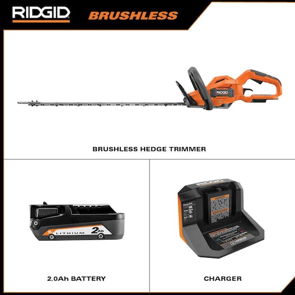 RIDGID R01401K 18V Brushless Cordless Battery 22 in. Hedge Trimmer with 2.0 Ah Battery and Charger - 2