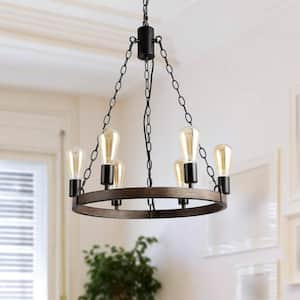 6-Light Farmhouse Wagon Wheel Chandelier with Rustic Wood Grain and Matte Black Canopy