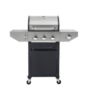 Propane Grill 3-Burner Portable Barbecue Grill, Stainless Steel Gas Grill with Side Burner and Thermometer in Black