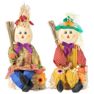 Garden Scarecrows Sitting on Hay Bale (Set of 2)