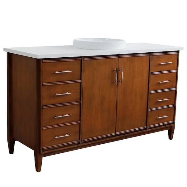 Bellaterra Home 61 in. W x 22 in. D Single Bath Vanity in Walnut with Quartz Vanity Top in White with White Round Basin
