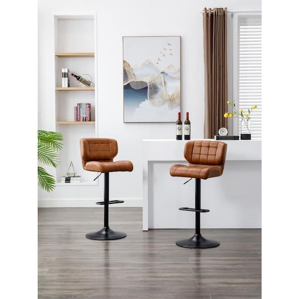 Dwell Home Inc Harvey 26 in. Vintage Medium Brown Mid-Back Metal Adjustable Bar Stool with Faux Leather Seat, 360° Swivel (Set of 2)