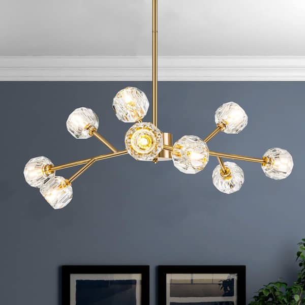RRTYO Higginsville 9-Light Farmhouse Gold Sputnik Sphere Linear Pendant Chandelier with Crystal Shade