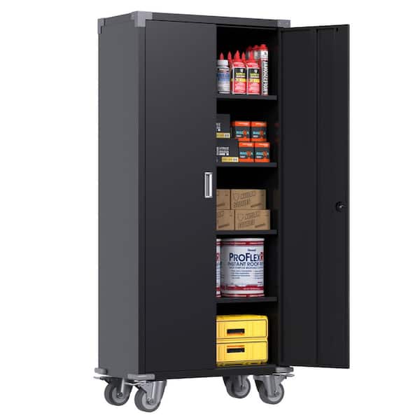 AOBABO Metal Storage Cabinet with Lock,Garage Storage Cabinet with 4  Adjustable Shelves,Tool Storage Cabinets with 2 Door,Black,Assembly Required