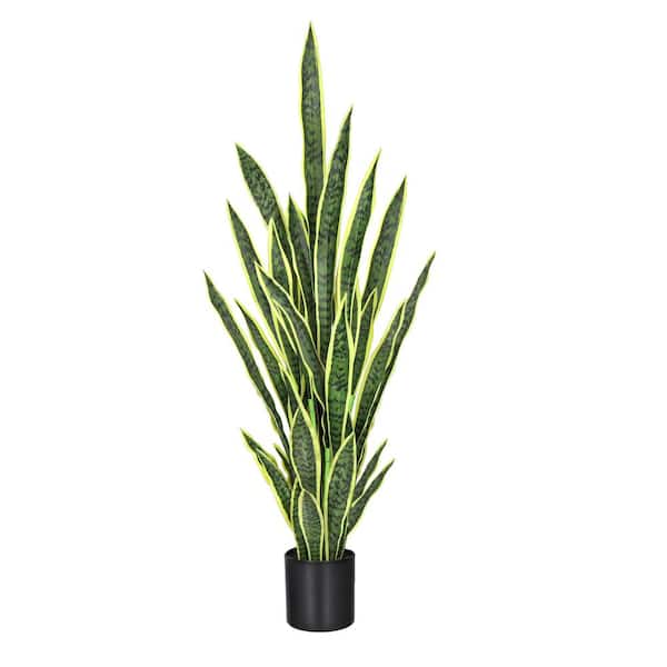 4 ft. Green Yellow Artificial Sansevieria Snake Plant in Black Pot