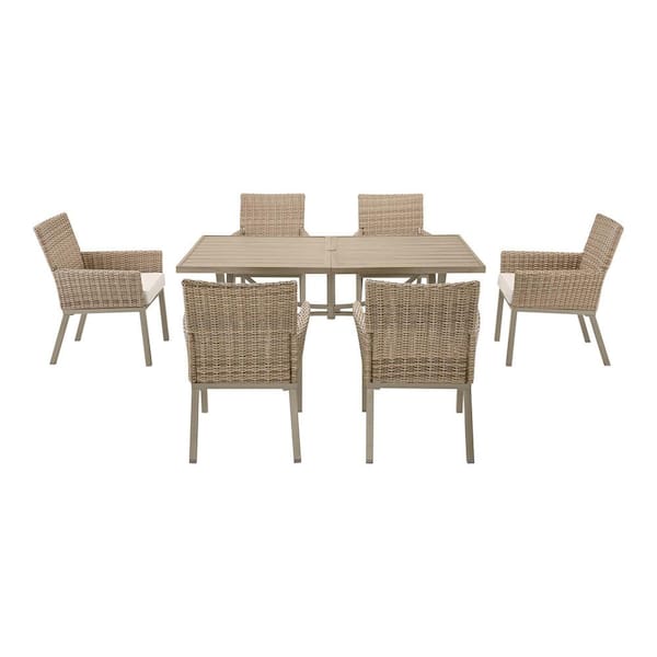 Holly Cove 7-Piece Wicker Rectangular Outdoor Dining Set with CushionGuard Almond Cushions