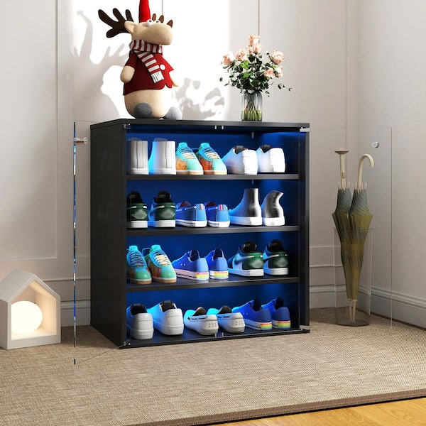 28.35 in. H x 14.76 in. W Black LED Shoe Storage Cabinet with Glass Doors & Dust Protection