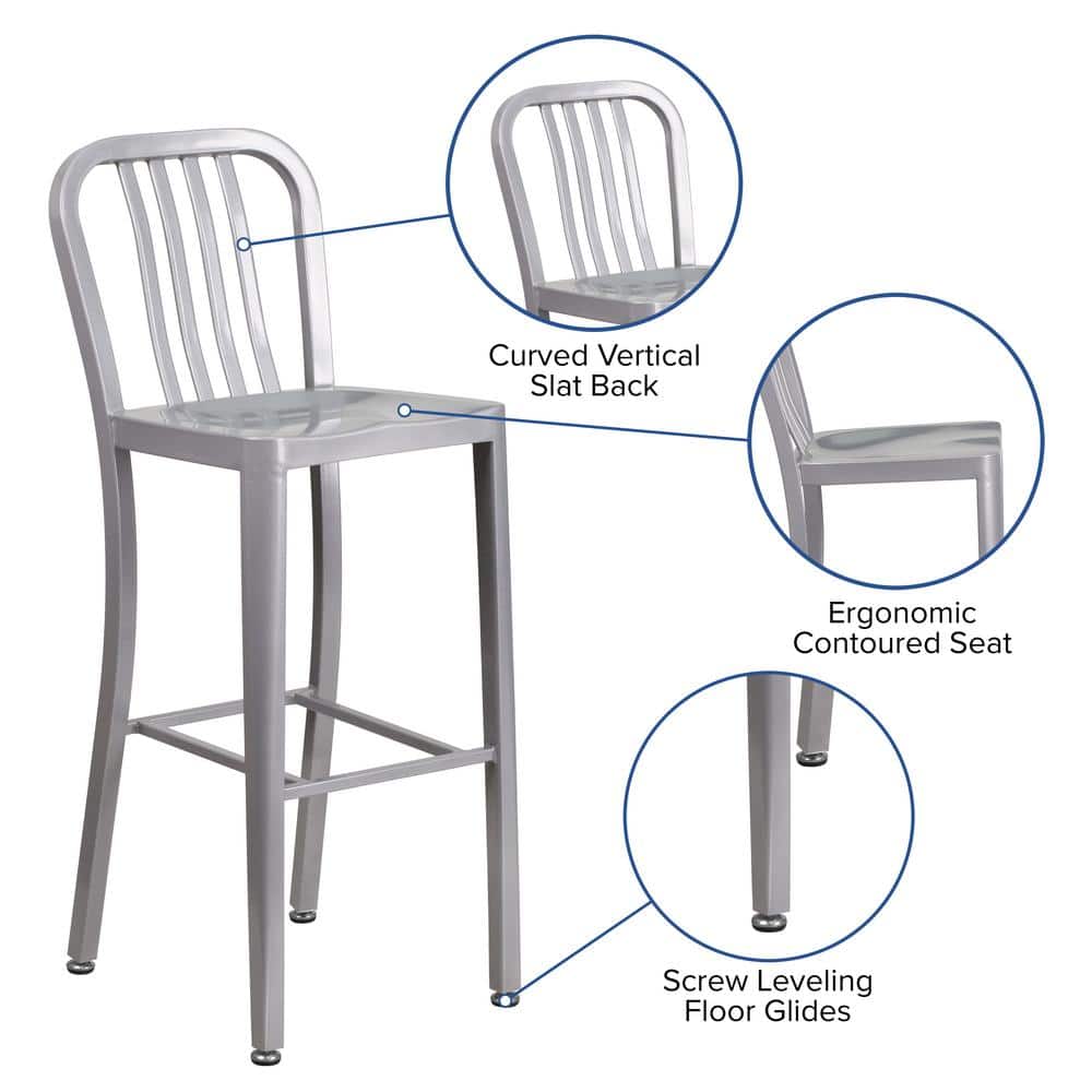 Silver Metal 30" High Indoor-Outdoor Barstool with Slat Back