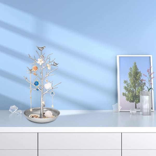 Organizer Stand Silver 6 in. x 11.8 in. Meta Tree Jewelry Stand Display Earring Necklace Holder Organizer Rack Tower