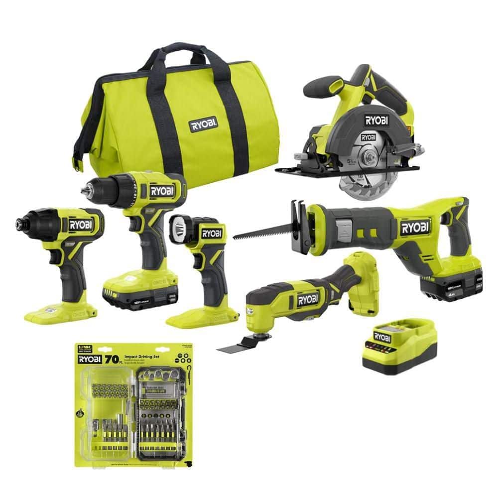 Ryobi ONE+ 18V 6-Tool Combo Kit w/ 2Ah Battery, 4Ah Battery, & Charger w/ 70PC Impact Rated Driving Set