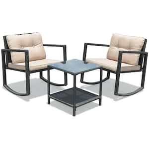 3-Piece Black Wicker Patio Conversation Set, Outdoor Bistro Set with Rocking Chairs