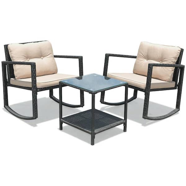 SUNRINX 3-Piece Black Wicker Patio Conversation Set, Outdoor Bistro Set with Rocking Chairs