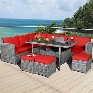 7-Piece Rattan Patio Sectional Corner Sofa Set Conversation Set with Red Cushions