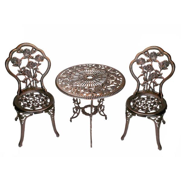 Rose 3-Piece Cast Metal Bistro Set with Cast Aluminum Top Table and 2 Chairs