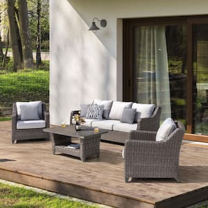 Brown 4-Piece Wicker Outdoor Patio Deep Seating Set Conversation Sofa Set with Grey Cushions