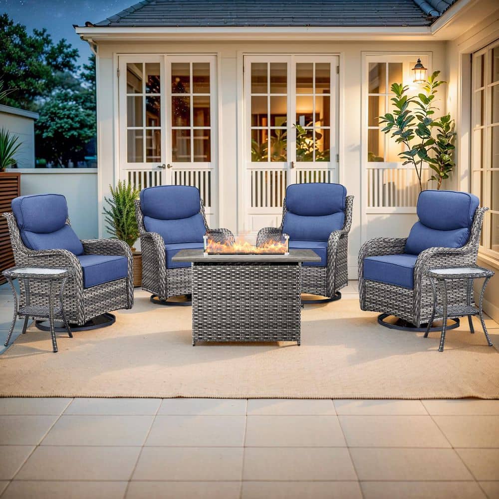 MoonLuxe Gray Wicker Fire Pit Conversation Set with Blue Olefin 6 in. Thick Cushions Patio Swivel Chairs (7-Piece) price history on PriceWatchPro