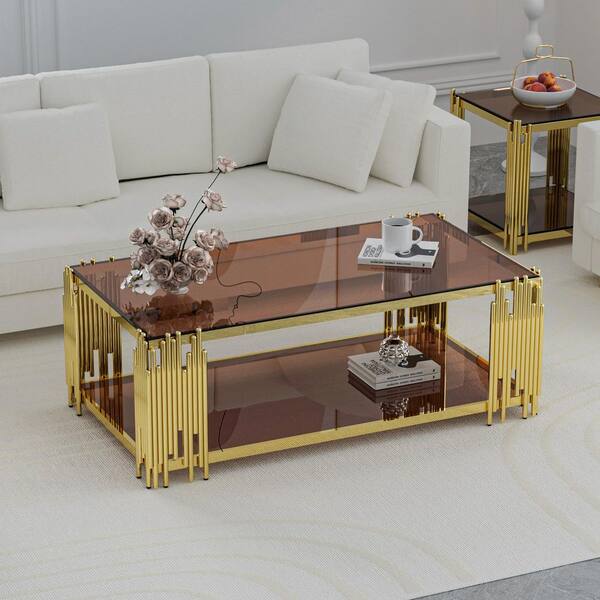 51 in. Brown Rectangle Glass Coffee Table, Tempered Glass and Stainless Steel Legs, 2-Tier Center Table for Living Room