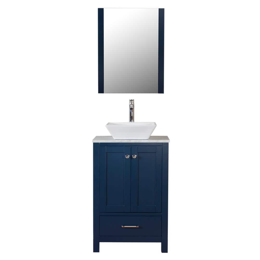 Laguna 24 in. W x 18 in. D Bath Vanity in Navy with Marble Vanity Top in White with White Basin and Mirror, Blue