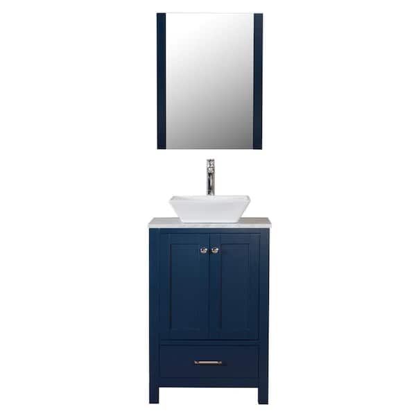 Unbranded Laguna 24 in. W x 18 in. D Bath Vanity in Navy with Marble Vanity Top in White with White Basin and Mirror