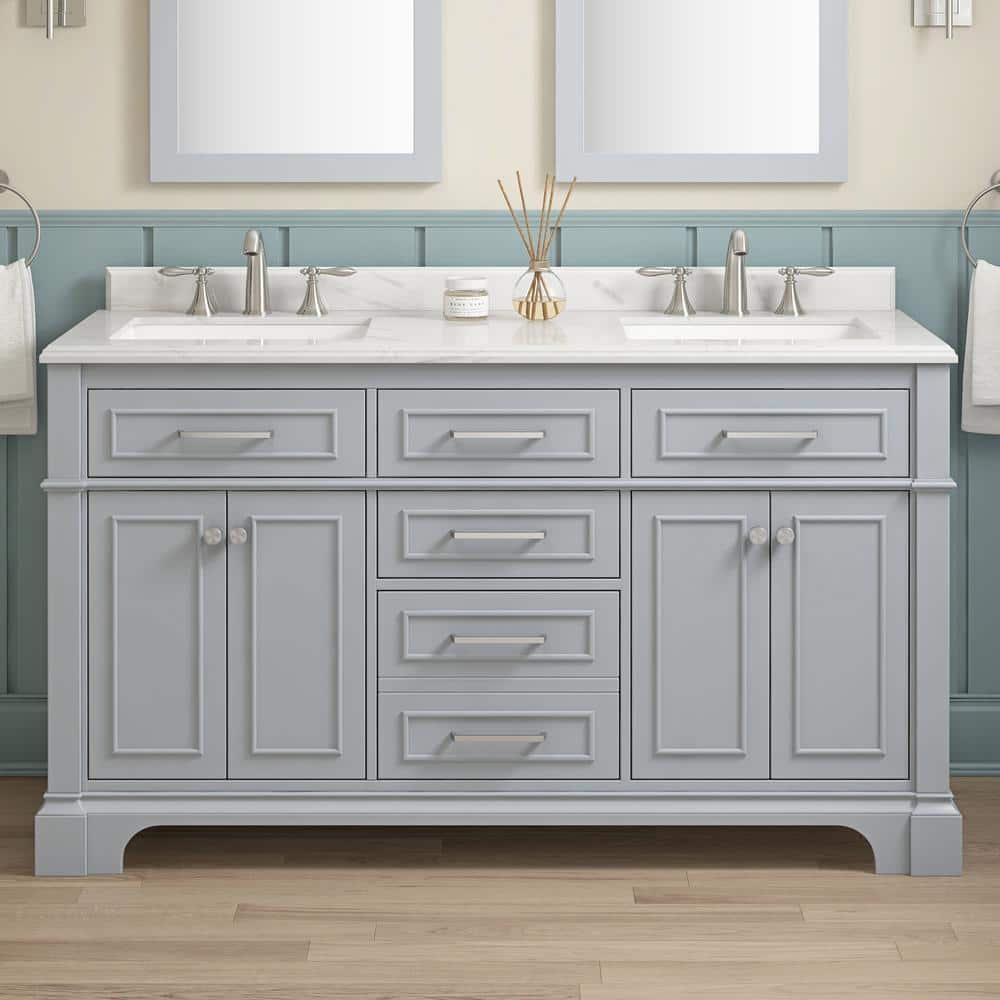 Melpark 60 in. Double Sink Dove Gray Bath Vanity with White Engineered Marble Top (Assembled) price history on PriceWatchPro