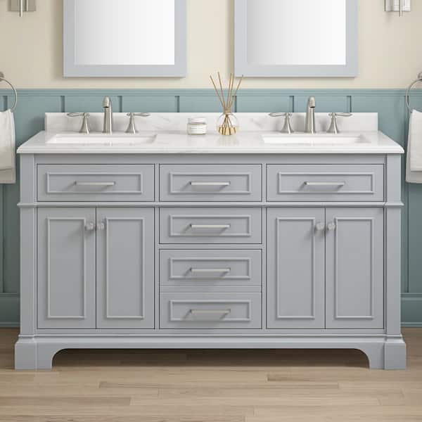 Home Decorators Collection Melpark 60 in. Double Sink Dove Gray Bath Vanity with White Engineered Marble Top (Assembled)