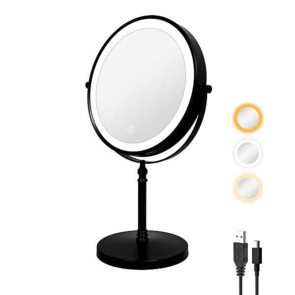 Tileon 8 in. W x 8 in. H Round 1x/10x Magnifying Lighted Bathroom Makeup Mirror with Built-in Battery and Type-C in Black