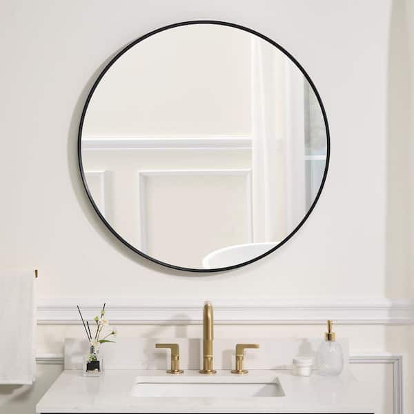 WELLFOR BELLA 32 in. W x 32 in. H Round Aluminum Framed Wall-Mounted Bathroom Vanity Mirror in Matte Black