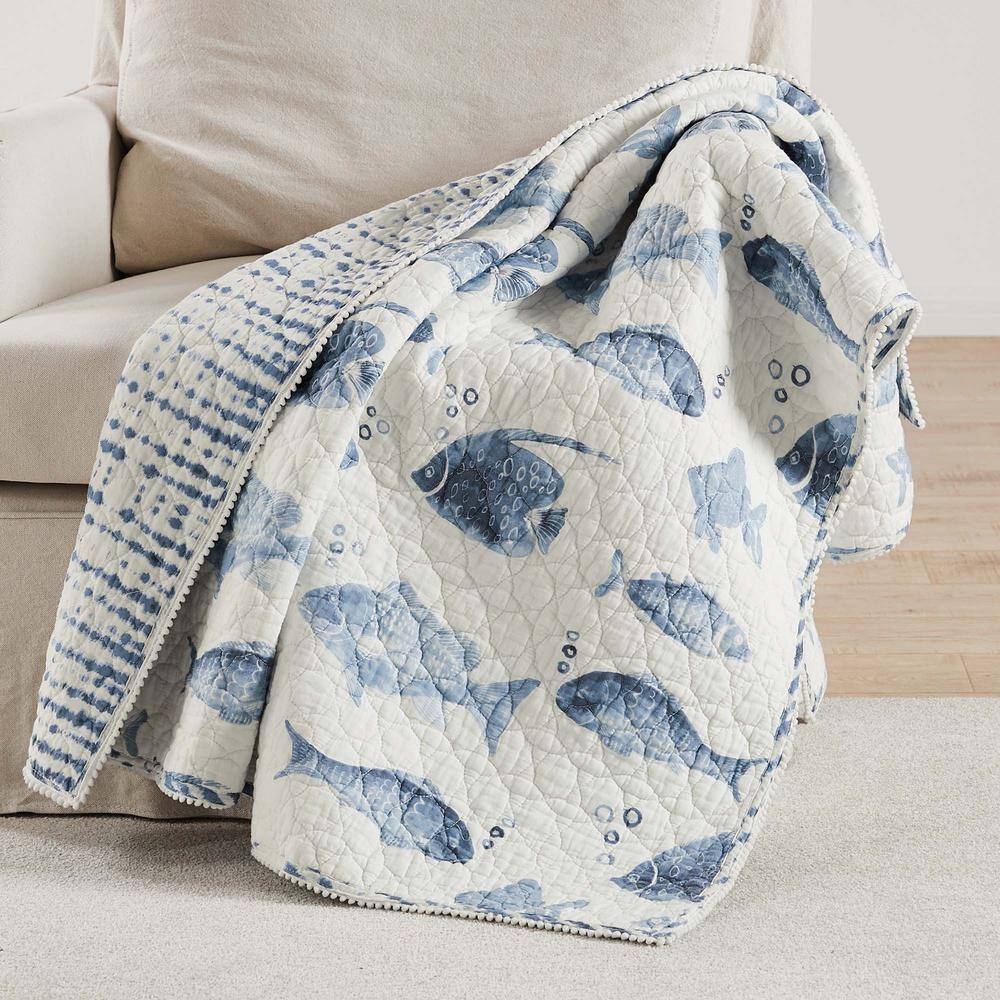 LEVTEX HOME Pataya Indigo, Cream Ikat/Fish Coastal Quilted Cotton Throw