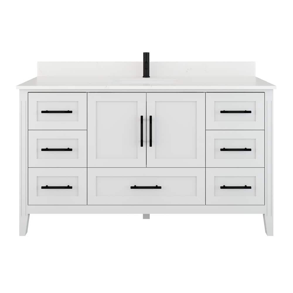 Houston 60 in. W x 22 in. D Bath Vanity in White Diamond Quartz Top with Wh