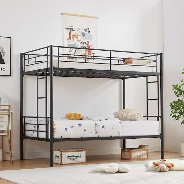 VECELO Bunk Bed Metal Twin Over Twin, Industrial Bunkbeds with Ladder and Full-Length Guardrail, Black - Platform Bed Frame