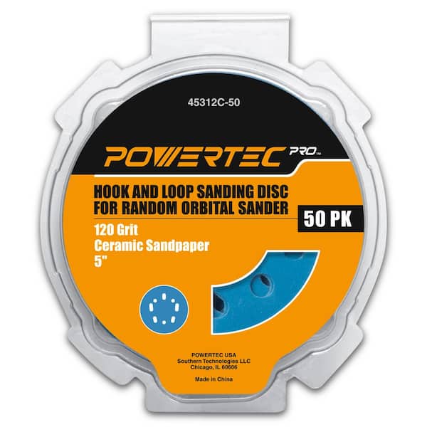 ‎POWERTEC 5 in. Sanding Discs Hook and Loop, 120 Grits, Ceramic Orbital Sander Sandpaper for Random Orbital Sanders (50-Pack)