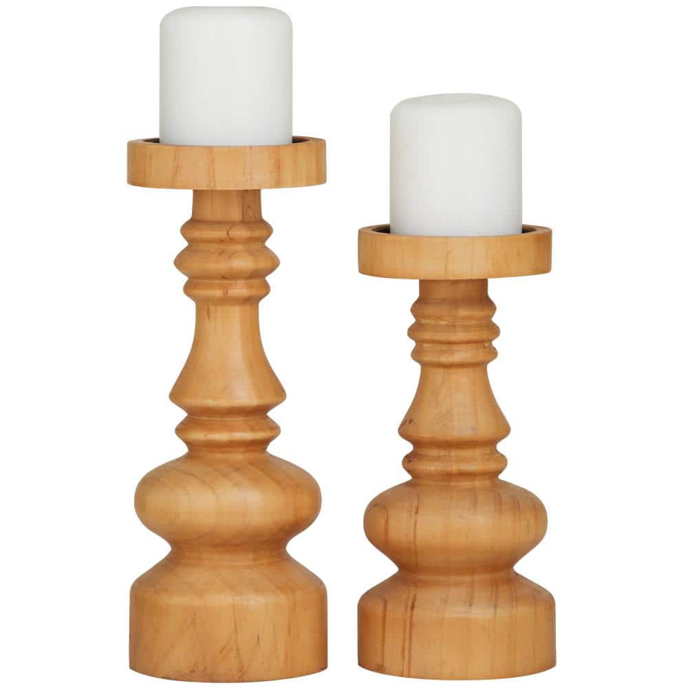 Novogratz Brown Wood Round Turned Style Pillar Candle Holder (Set of 2)  043047 - The Home Depot
