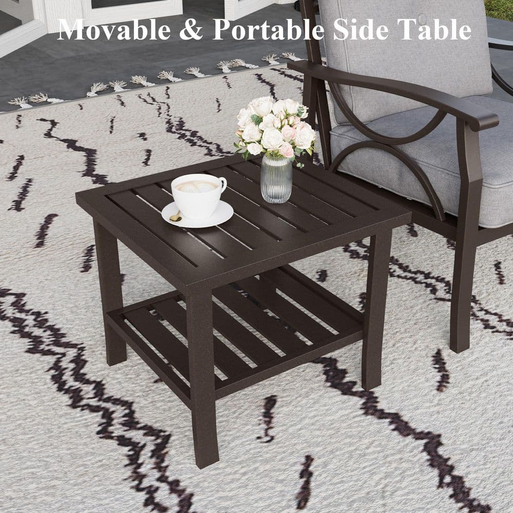 Brown metal outdoor side table next to a patio chair.