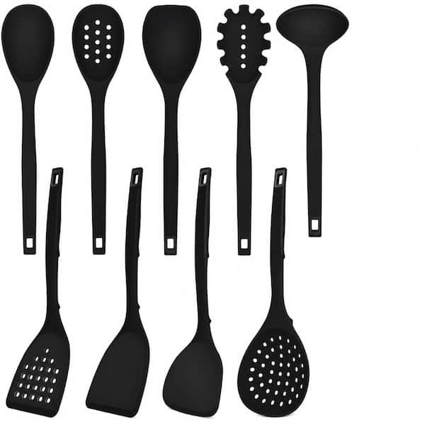 9-Piece Black Silicone Cooking Utensil Set with Back Hook Design, BPA-Free Heat-Resistant Kitchen Tools