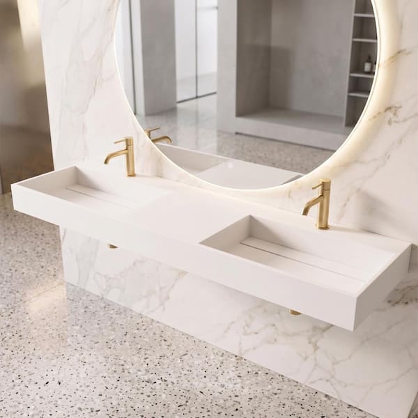 Juniper 84 in. Wall Mount Double-Basin Solid Surface Rectangle Non Vessel Sink Bathroom in Matte White