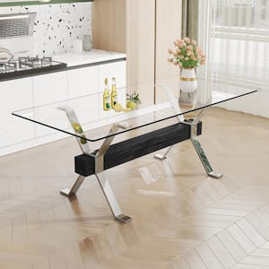 Modern Rectangle Clear Glass 84.65 in. Pedestal Dining Table Seats for 6