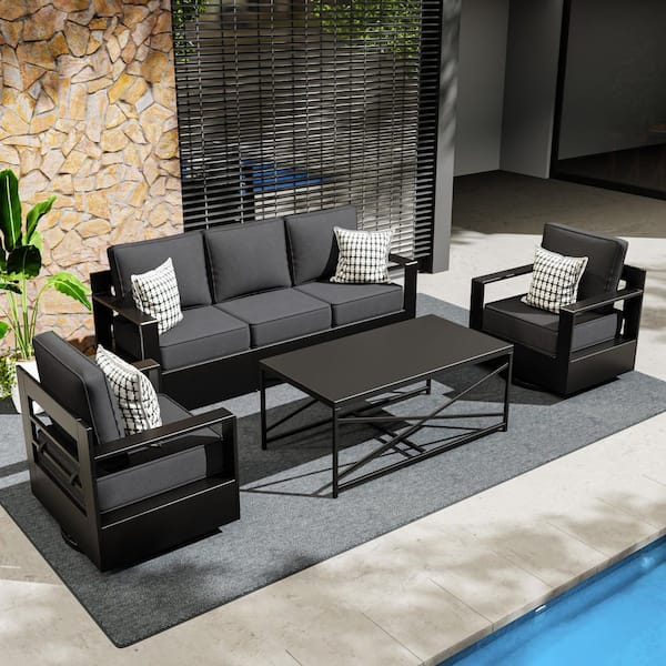 4-Piece Aluminum Patio Conversation Set with Outdoor Swivel Rocking Chair, Coffee Table and Thick Gray Cushions
