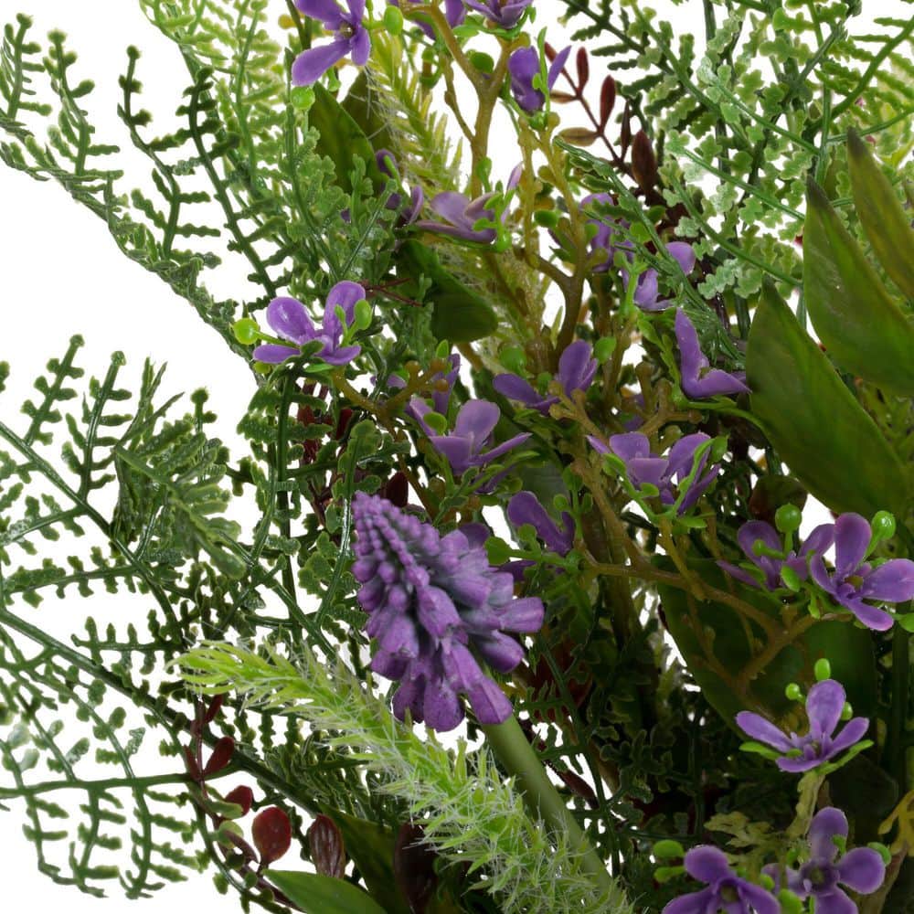 16" Green and Purple Artificial Fern and Flower Arrangement